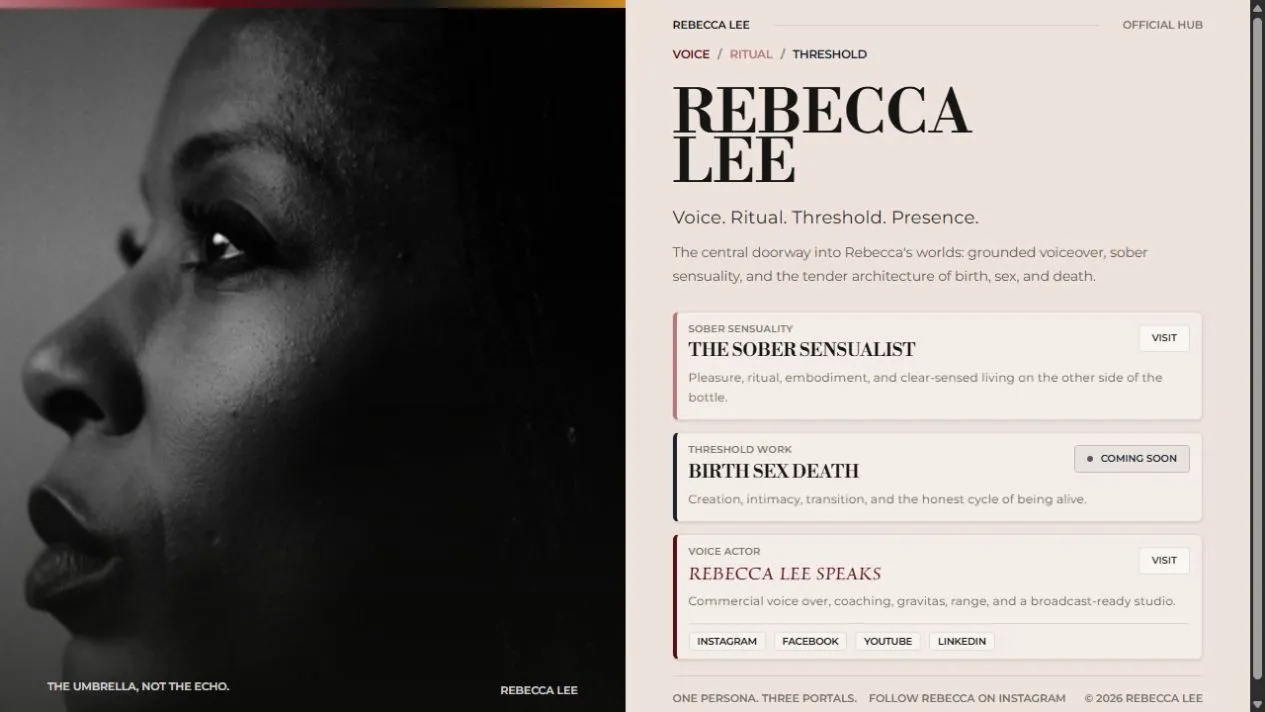 The live Rebecca Lee website with its editorial portrait and personal brand hub.