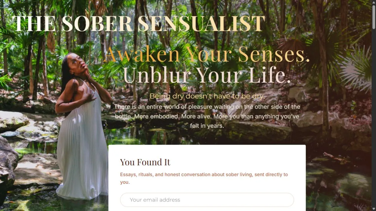 The live Sober Sensualist homepage with its forest imagery and introductory section.